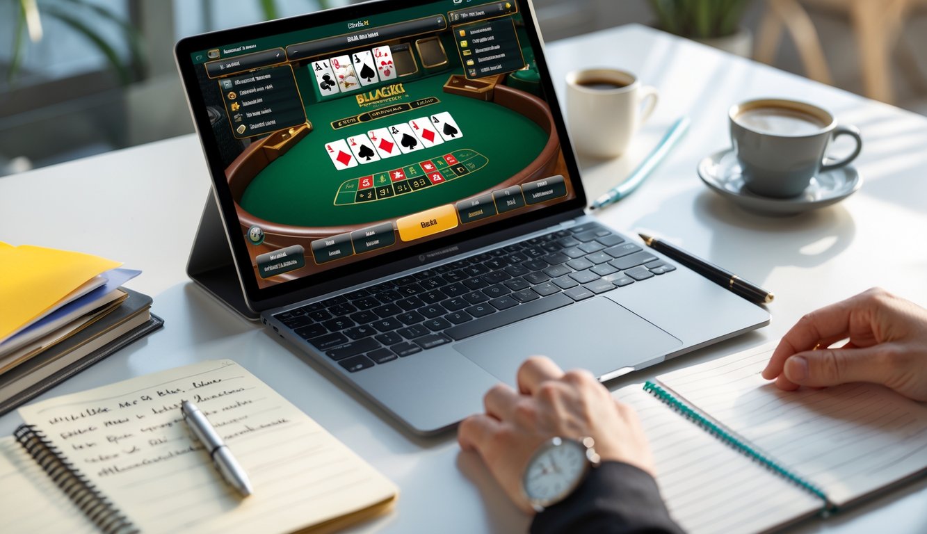 Sebuah laptop menampilkan permainan blackjack online dengan kartu dan chip, di atas meja terdapat buku catatan, pena, dan cangkir kopi.