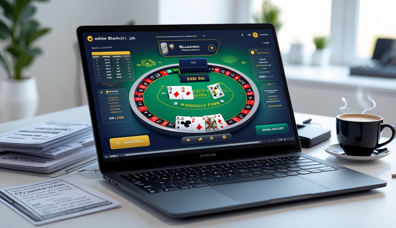 Seorang pemain blackjack online sedang bermain di laptop dengan kartu dan chip di layar, di meja terdapat catatan dan secangkir kopi di ruangan yang terang dan rapi.
