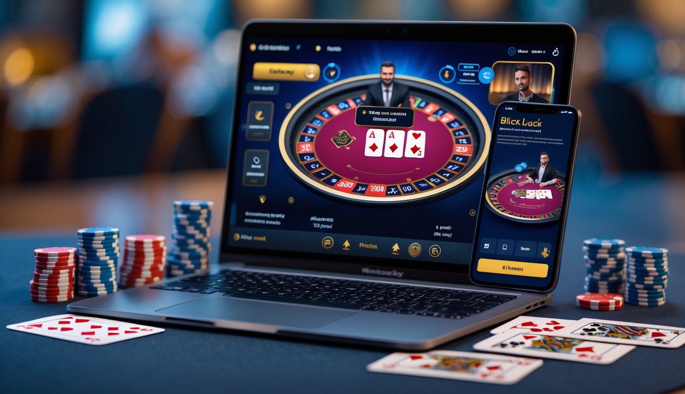 Sebuah laptop menampilkan permainan blackjack online dengan kartu dan chip poker di sekitarnya.