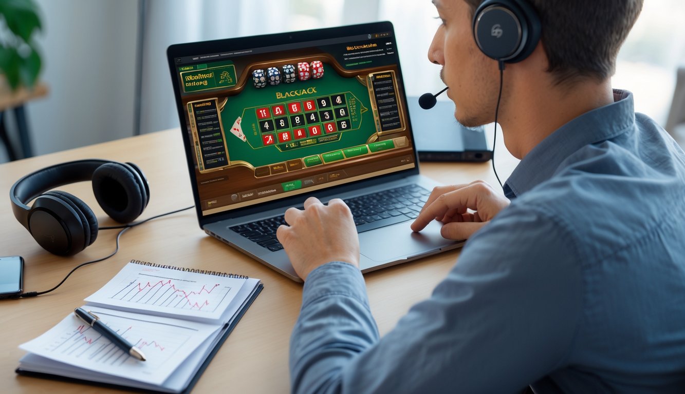 Seseorang sedang duduk di depan laptop dengan permainan blackjack online di layar, sambil mencatat strategi di buku catatan di meja.