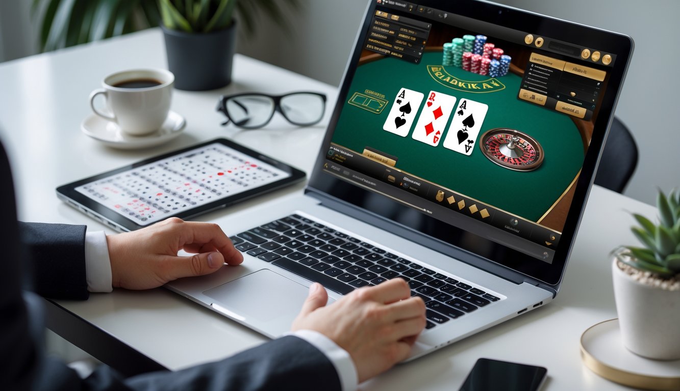 Seorang pria sedang bermain blackjack online di depan komputer dengan kartu dan chip terlihat, sambil memperhatikan catatan strategi di meja kerja.