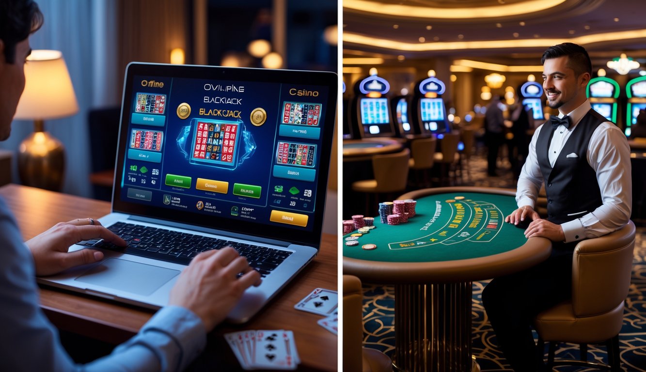Gambar yang menunjukkan perbedaan antara blackjack online di laptop dan blackjack di kasino dengan meja dan dealer, menampilkan suasana rumah dan kasino secara berdampingan.