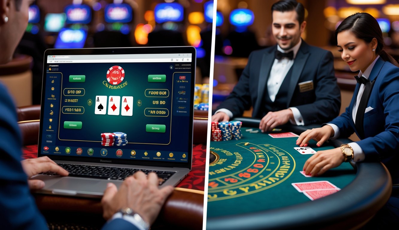 Seorang pemain bermain blackjack di laptop di sebelah kiri dan suasana kasino dengan dealer dan pemain di meja blackjack di sebelah kanan.