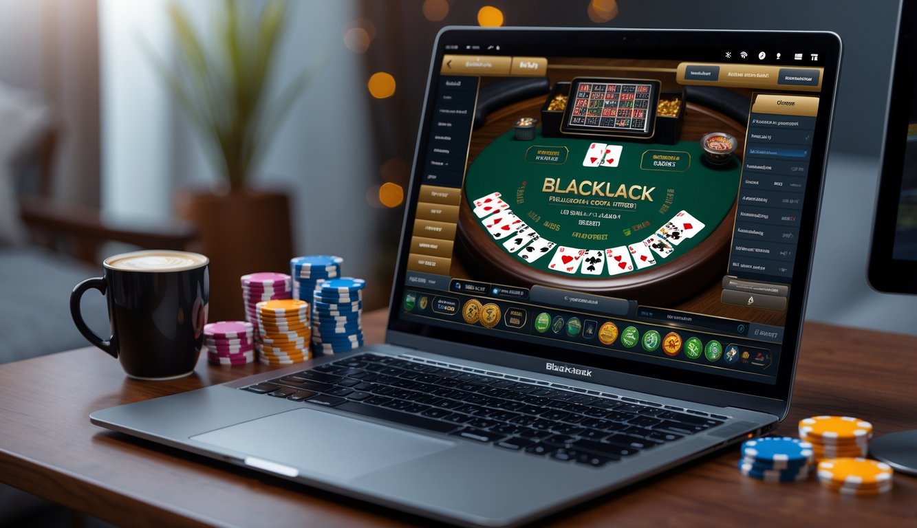 Sebuah laptop menampilkan permainan blackjack online dengan chip poker dan ponsel di meja kayu di ruang kerja yang nyaman.