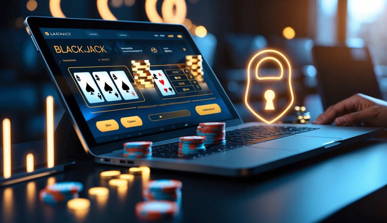 Seorang pengguna bermain blackjack online di perangkat digital dengan kartu dan chip terlihat jelas, dikelilingi oleh simbol keamanan dan grafik hasil tinggi.