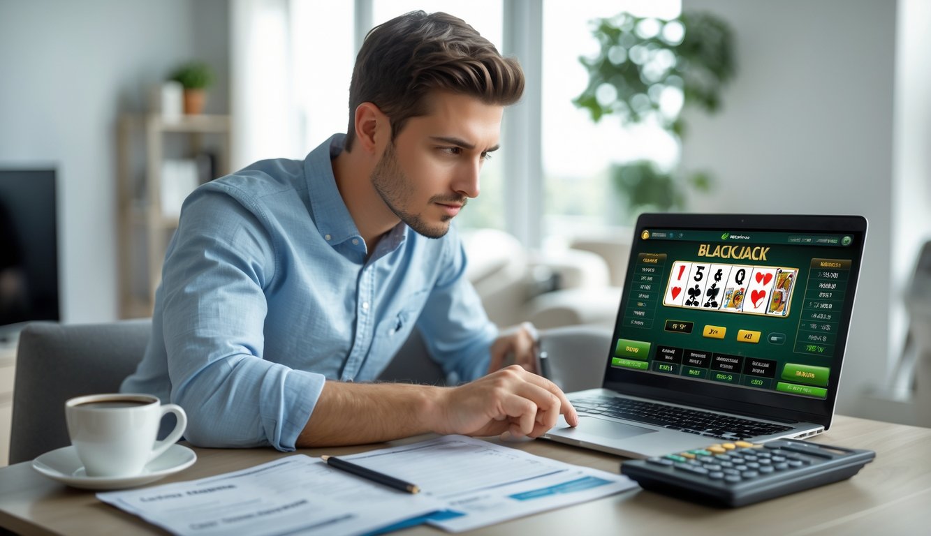 Seorang pria muda sedang mengelola keuangan sambil bermain blackjack online di laptop di ruangan yang rapi.