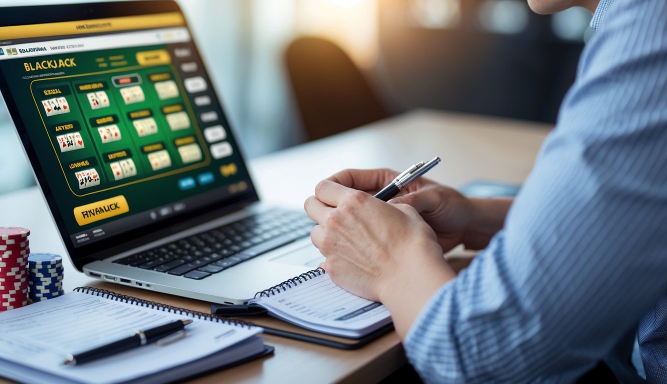 Seseorang sedang mengelola uang dengan laptop yang menampilkan permainan blackjack online, di meja terdapat chip poker dan catatan keuangan.