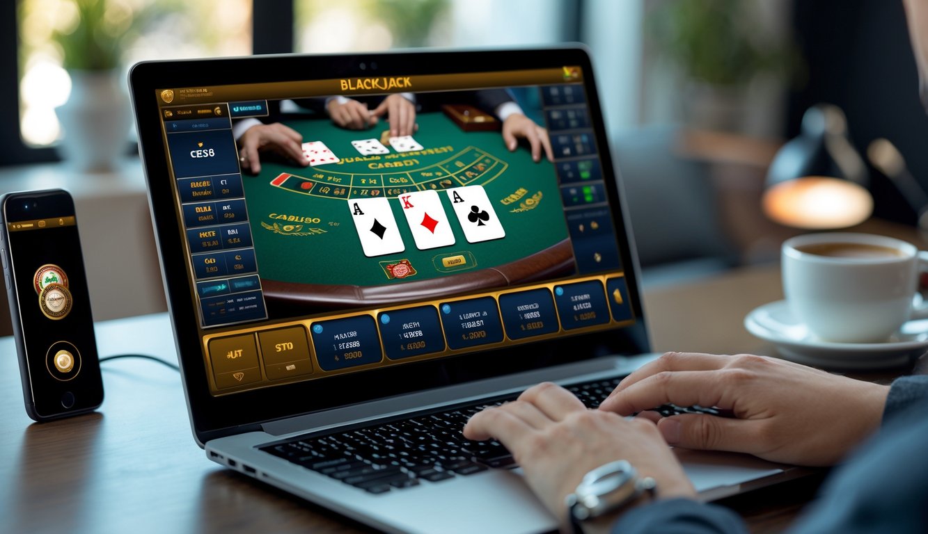 Seseorang sedang bermain blackjack online di komputer dengan kartu terlihat di layar, suasana ruangan nyaman dan fokus pada keputusan bermain.