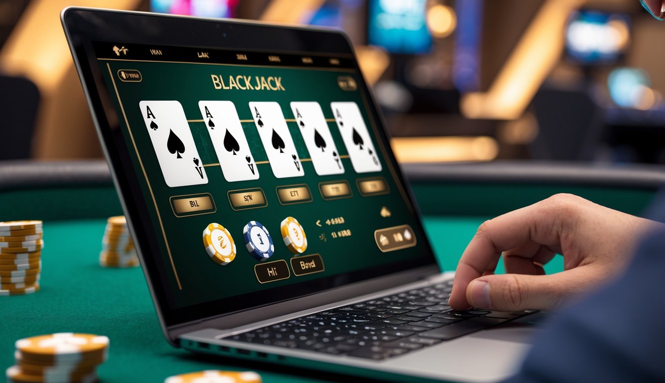 Seorang pemain fokus menggunakan laptop dengan tampilan permainan blackjack online, kartu dan chip terlihat di layar, suasana meja kasino modern.