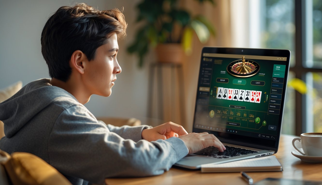 Seorang dewasa muda sedang bermain blackjack online di laptop di dalam ruangan yang nyaman dan terang.