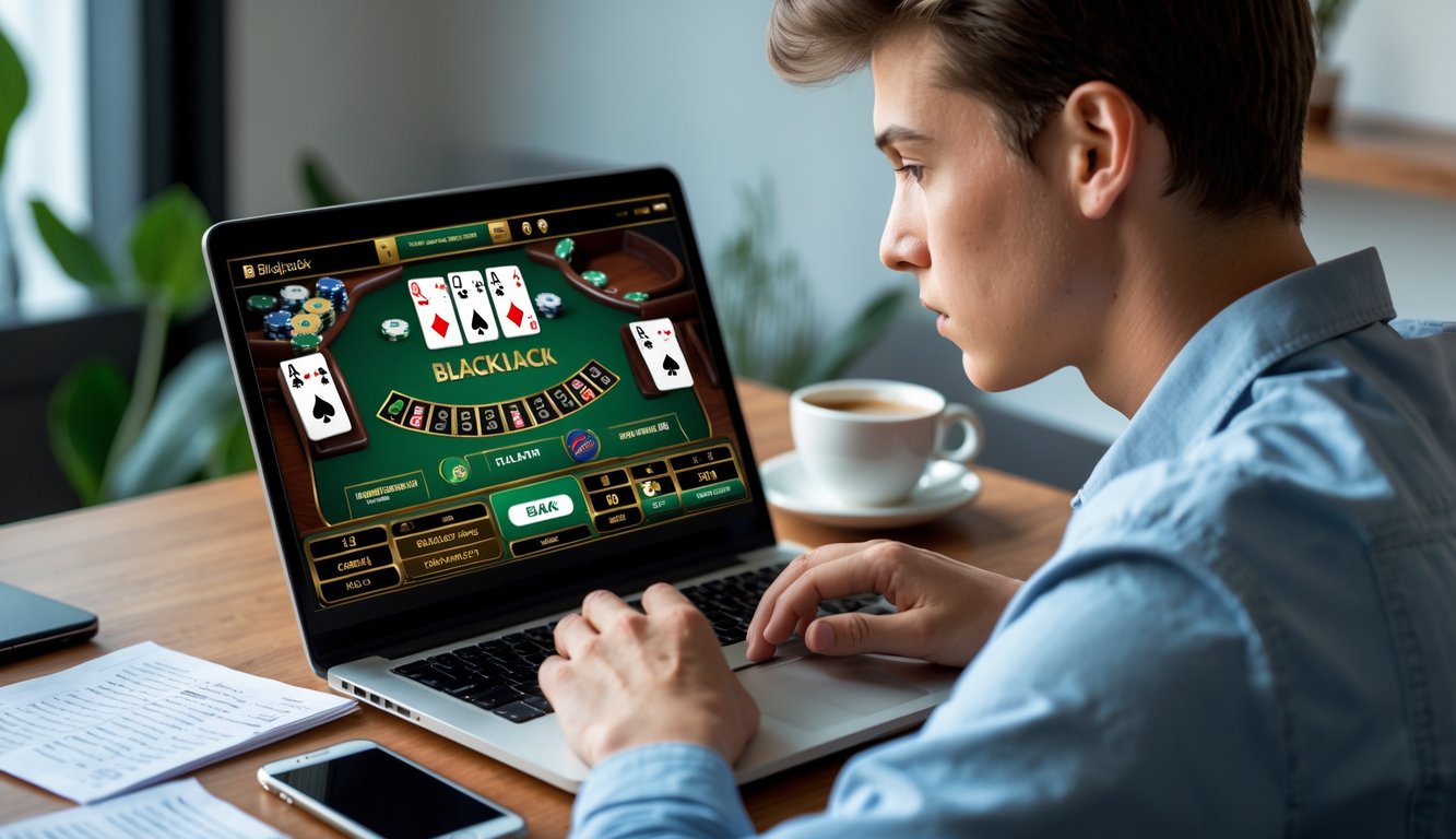 Seorang dewasa muda sedang bermain blackjack online di laptop di ruang kerja rumah yang terang dengan ekspresi fokus dan hati-hati.
