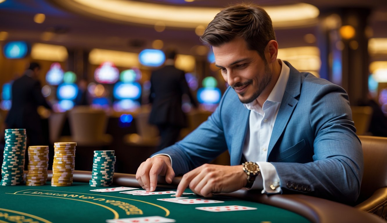 Seorang pria fokus duduk di meja blackjack di kasino dengan kartu dan tumpukan chip di depannya.