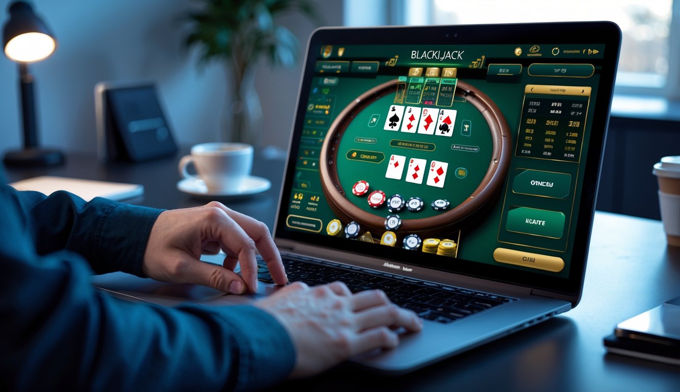 Seorang pemain sedang fokus bermain blackjack online di komputer dengan kartu dan chip terlihat di layar dalam ruangan yang nyaman.