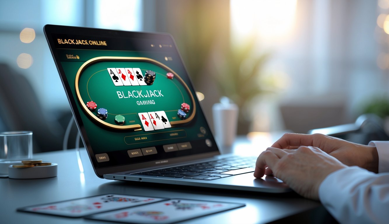 Seseorang sedang bermain blackjack online di depan layar komputer dengan meja blackjack digital dan chip taruhan terlihat jelas.