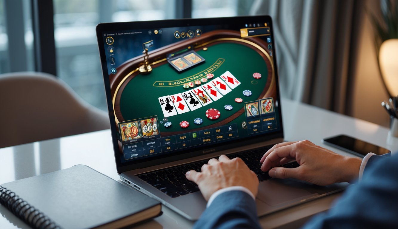 Seseorang bermain blackjack online di komputer dengan meja blackjack digital dan chip di layar.