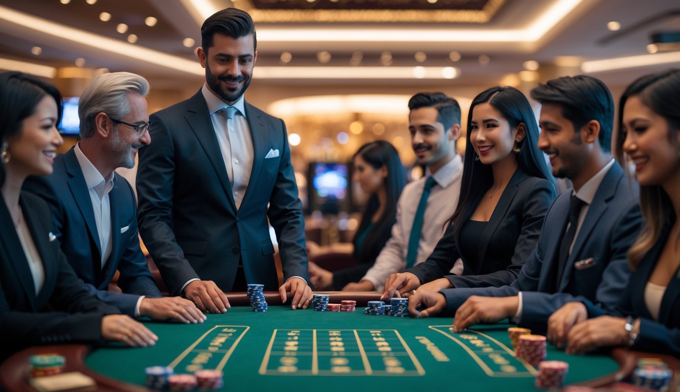Seorang dealer dan beberapa pemain duduk di meja Baccarat di kasino dengan suasana mewah dan pencahayaan yang hangat.