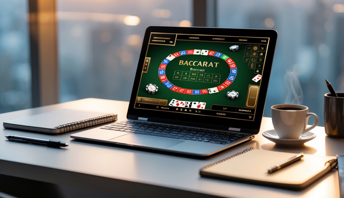 Sebuah laptop menampilkan permainan baccarat online dengan kartu dan chip, diletakkan di atas meja kerja yang rapi bersama buku catatan dan cangkir kopi.