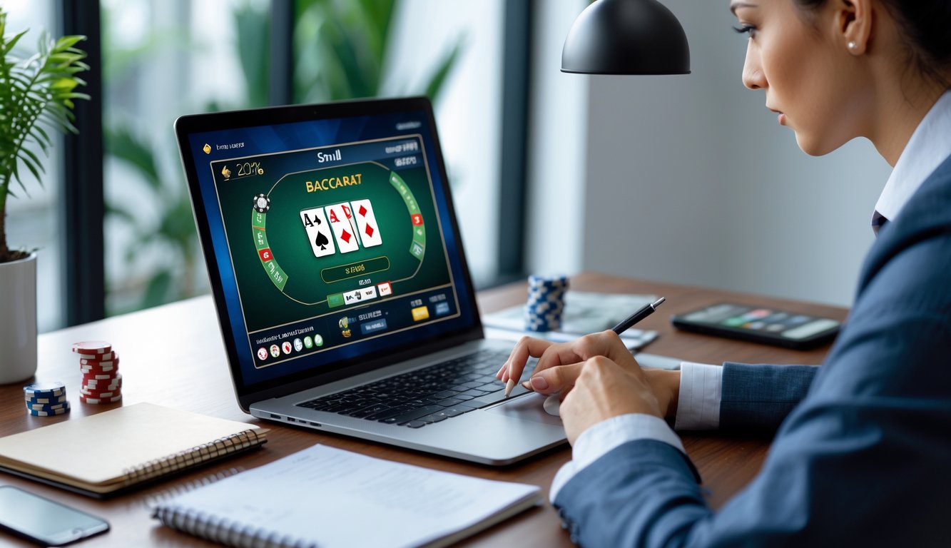 Seseorang duduk di depan laptop bermain baccarat online dengan alat tulis dan kalkulator di meja, menunjukkan suasana fokus dan perencanaan.