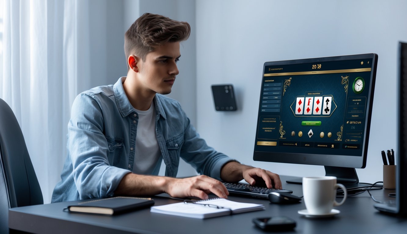 Seorang dewasa muda duduk di depan komputer dengan permainan baccarat online di layar, terlihat fokus dan siap bermain dengan modal kecil.