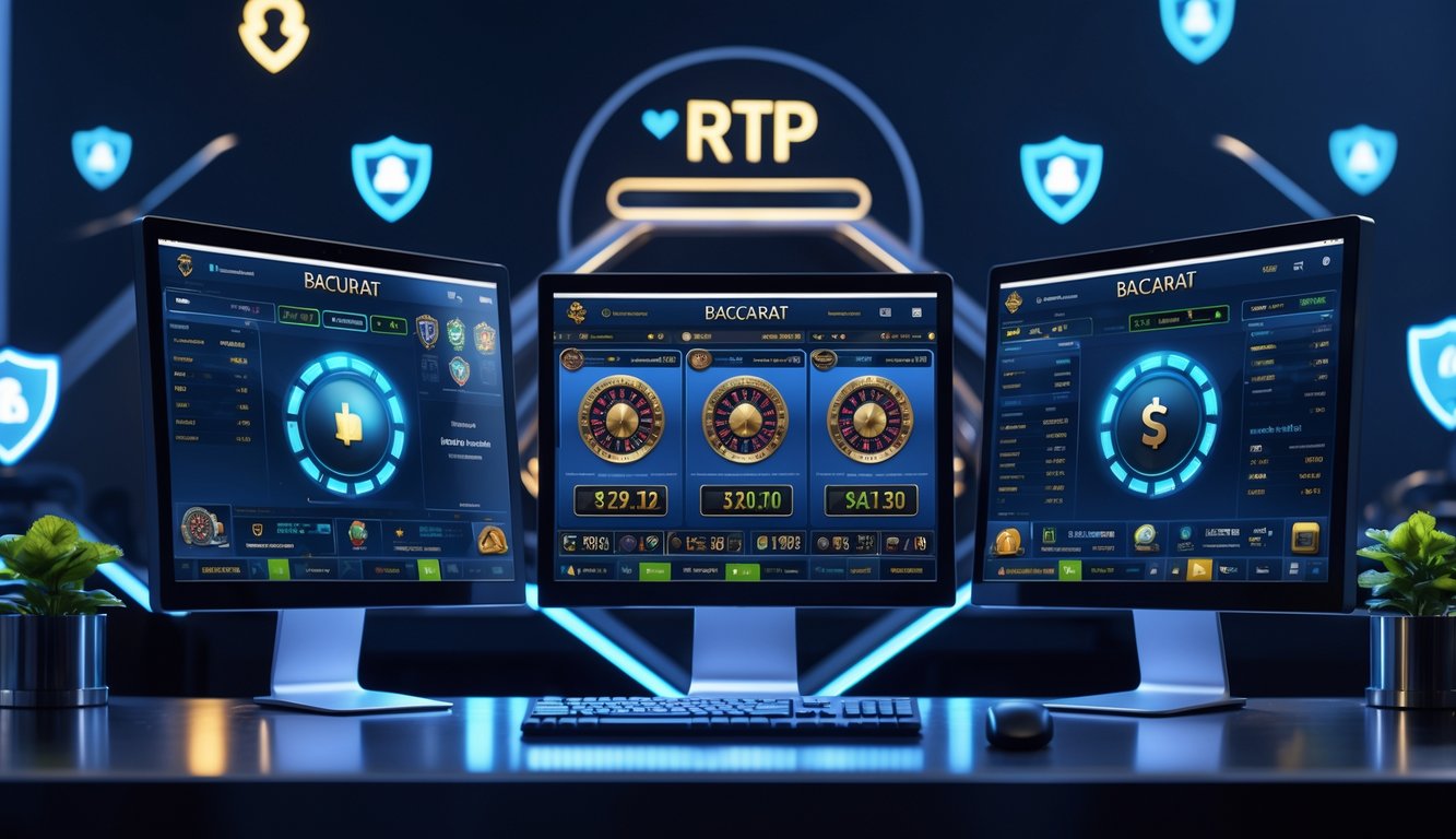 Sebuah meja komputer modern dengan beberapa layar menampilkan permainan baccarat online dan ikon keamanan digital di latar belakang.