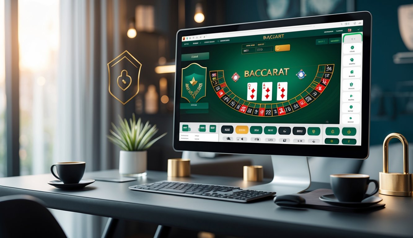 Sebuah meja kerja modern dengan komputer yang menampilkan permainan baccarat online, dilengkapi dengan elemen simbol keamanan dan suasana yang profesional.