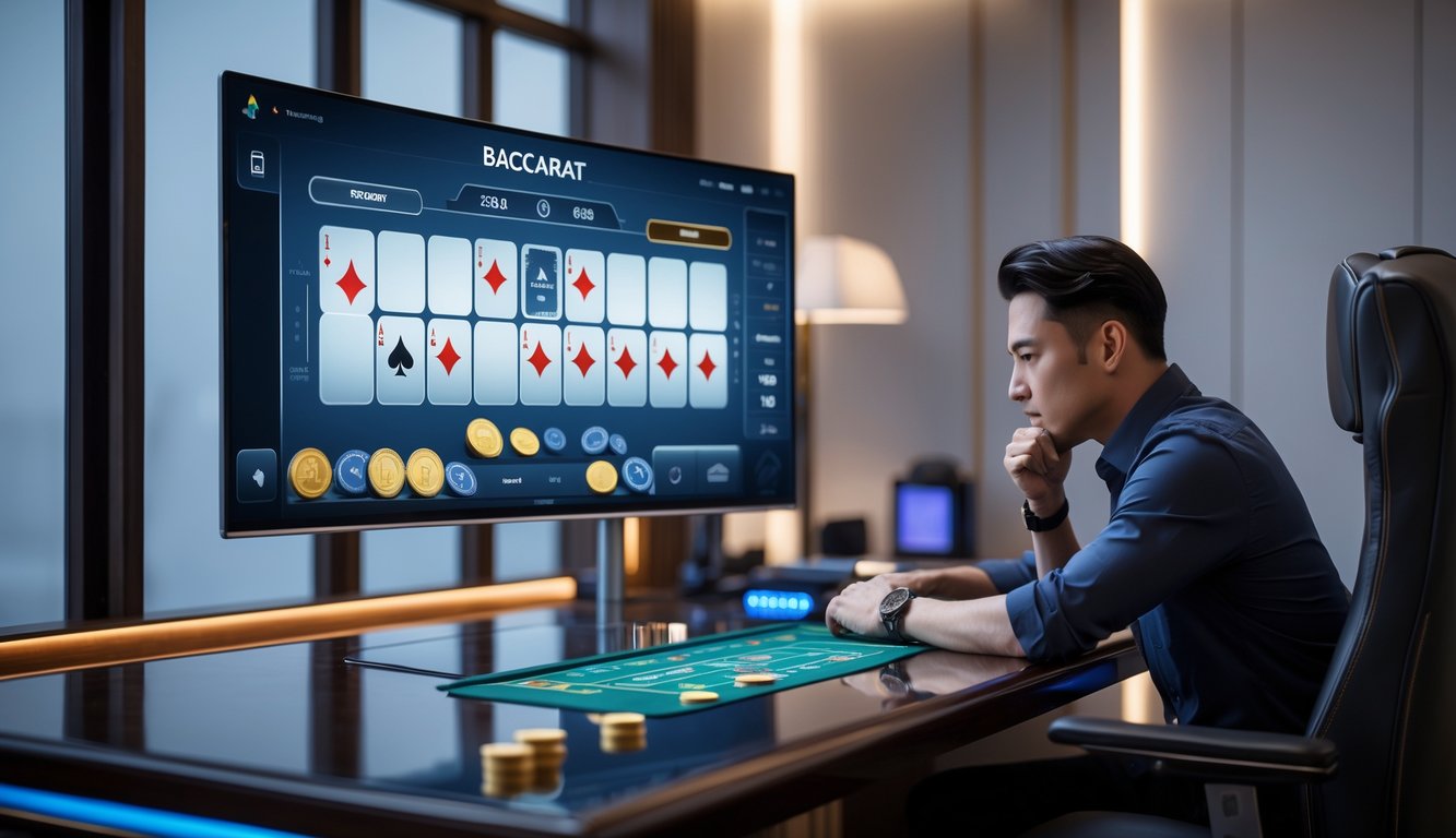 Seseorang sedang fokus bermain baccarat online di depan layar komputer di ruangan modern dengan pencahayaan hangat.