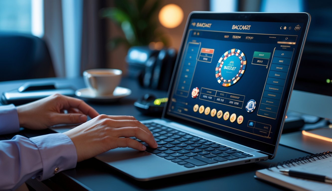 Seseorang sedang bermain permainan baccarat online di depan komputer dengan suasana ruangan yang nyaman dan rapi.