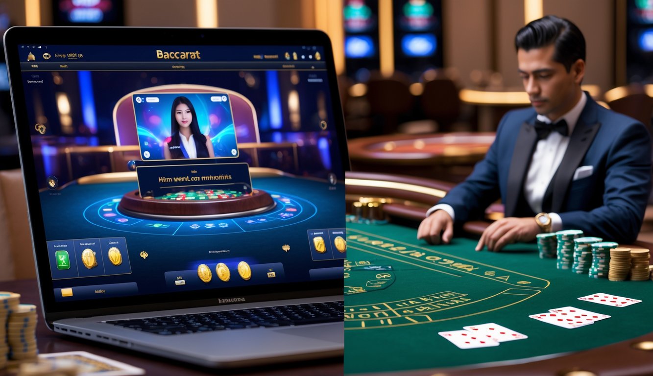 Perbandingan dua permainan baccarat, satu dengan dealer langsung secara online di layar digital, dan satu lagi dengan meja baccarat tradisional di kasino.
