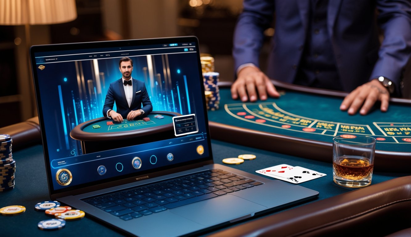 Suasana kasino dengan meja baccarat tradisional dan laptop yang menampilkan permainan baccarat langsung secara online dengan dealer yang sedang bertugas.