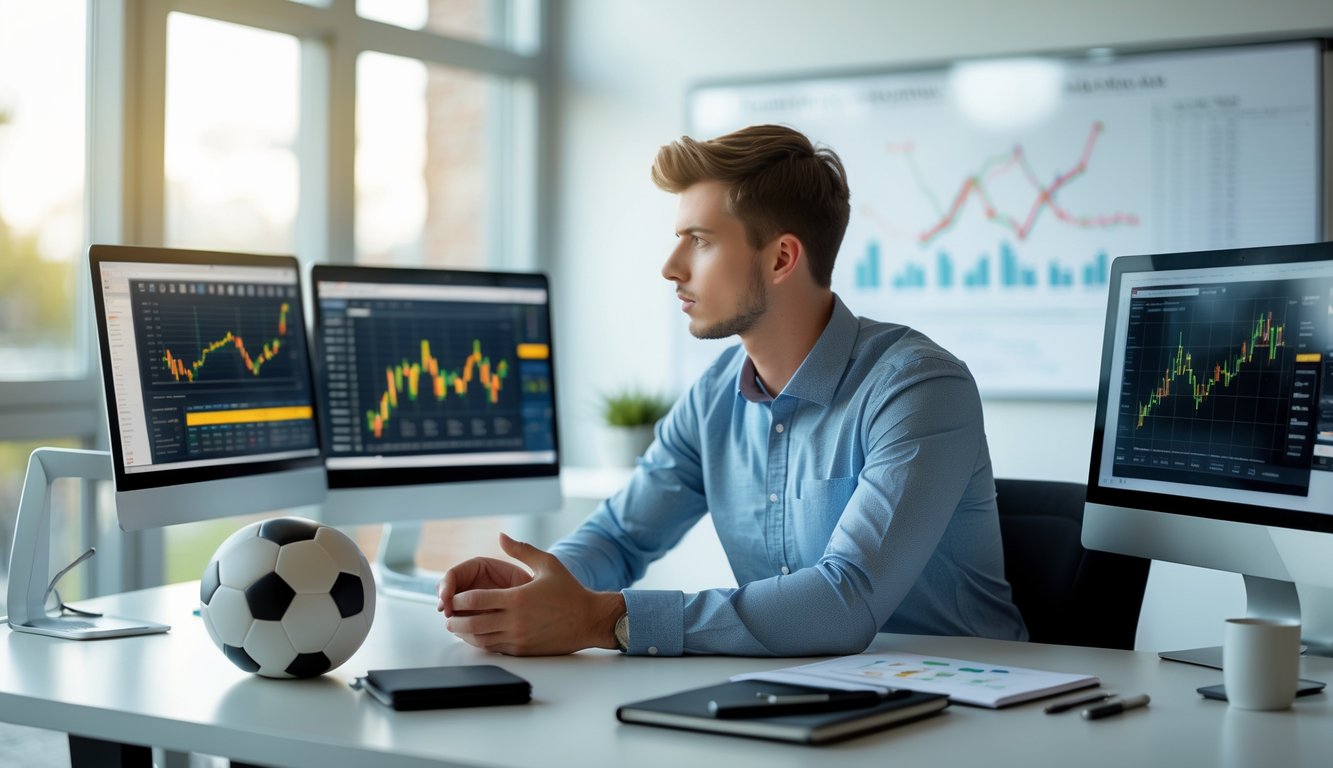 Seorang pria muda duduk di meja kerja dengan beberapa layar komputer menampilkan statistik olahraga, di sekitarnya terdapat bola sepak dan bola basket, suasana fokus dan serius.