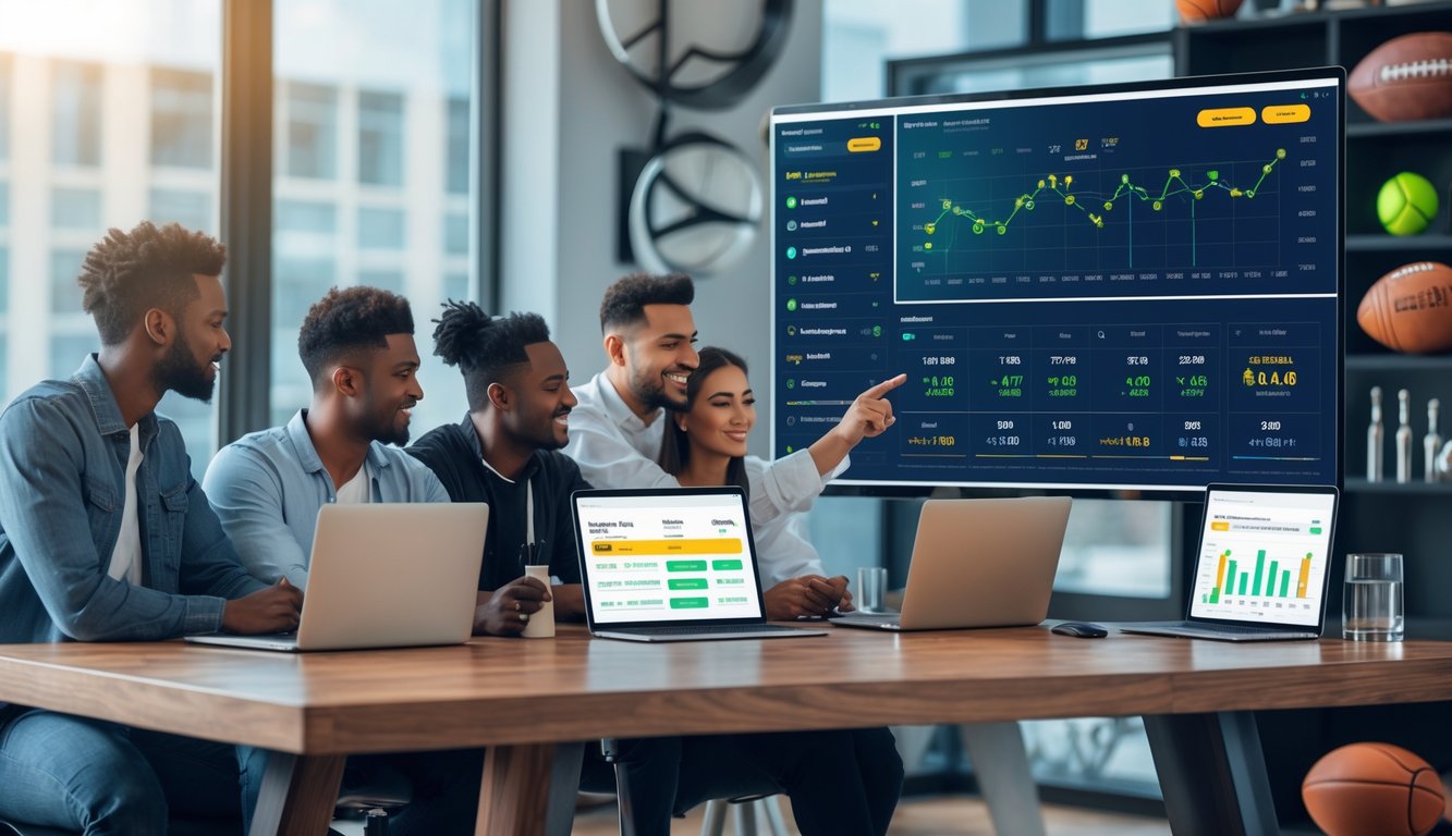 Sekelompok orang muda sedang berdiskusi di meja kerja dengan perangkat elektronik yang menampilkan data taruhan olahraga dan grafik.