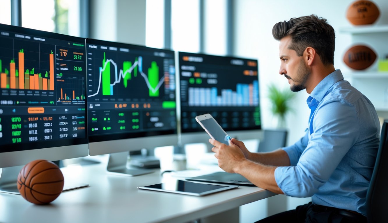 Seorang profesional sedang bekerja di depan beberapa layar komputer yang menampilkan data dan pertandingan olahraga, di ruang kantor yang rapi dengan perlengkapan olahraga di latar belakang.