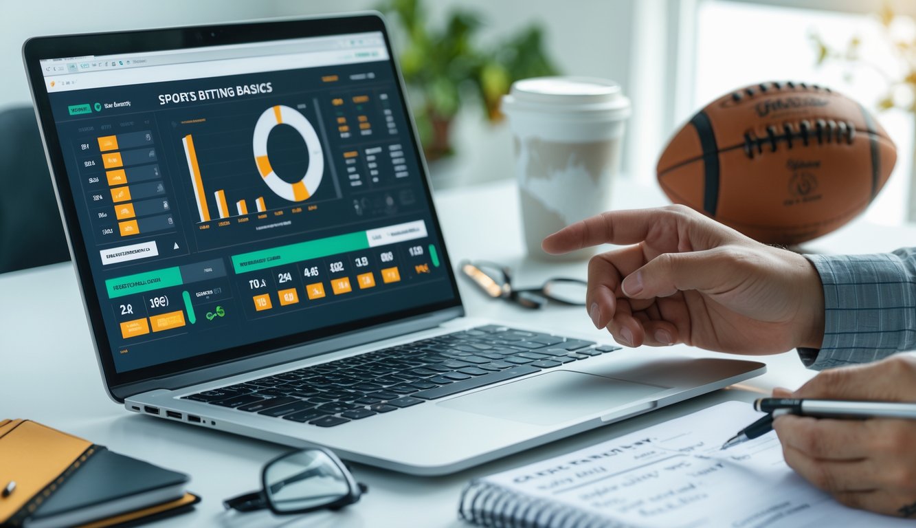 Meja kerja dengan laptop yang menampilkan statistik olahraga, bola sepak dan bola basket di sampingnya, serta tangan seseorang yang menunjuk layar laptop sambil memegang pena.