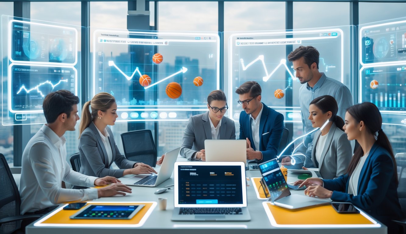 Sekelompok orang muda sedang bekerja di ruang modern dengan layar digital besar menampilkan data taruhan olahraga, suasana profesional dan fokus.