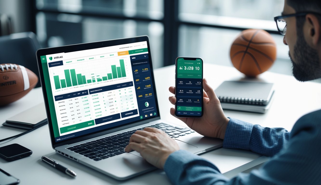 Seseorang sedang bekerja dengan laptop dan smartphone di meja yang menampilkan elemen olahraga seperti bola dan jam digital.