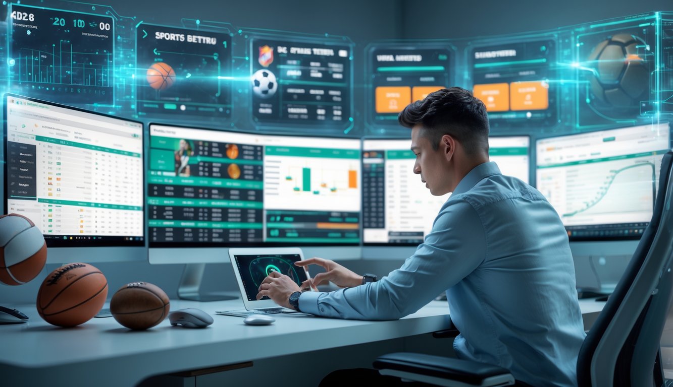 Seorang pria muda duduk di meja dengan beberapa layar komputer yang menampilkan pertandingan olahraga dan data taruhan, di ruang kerja rumah yang modern dan terang.