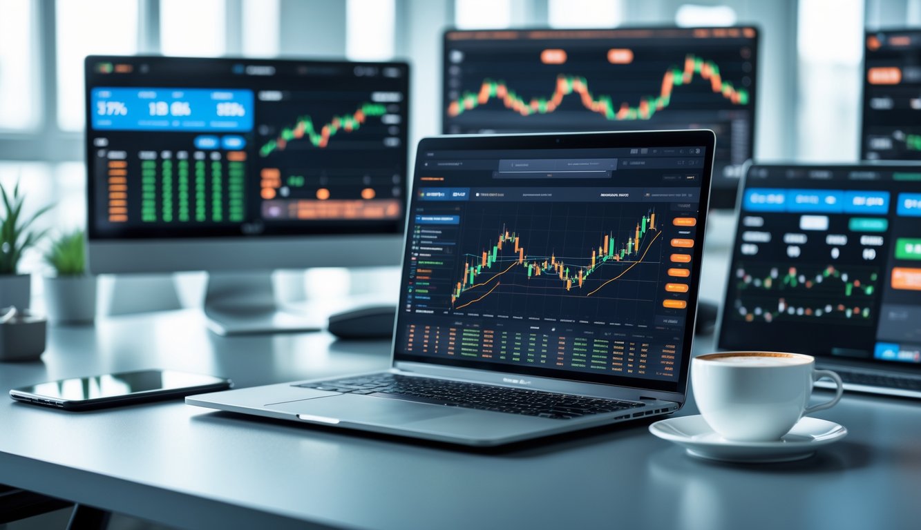 Seorang pria bekerja di meja dengan laptop dan ponsel yang menampilkan data taruhan olahraga dan skor pertandingan langsung, dengan layar di latar belakang menampilkan berbagai acara olahraga.
