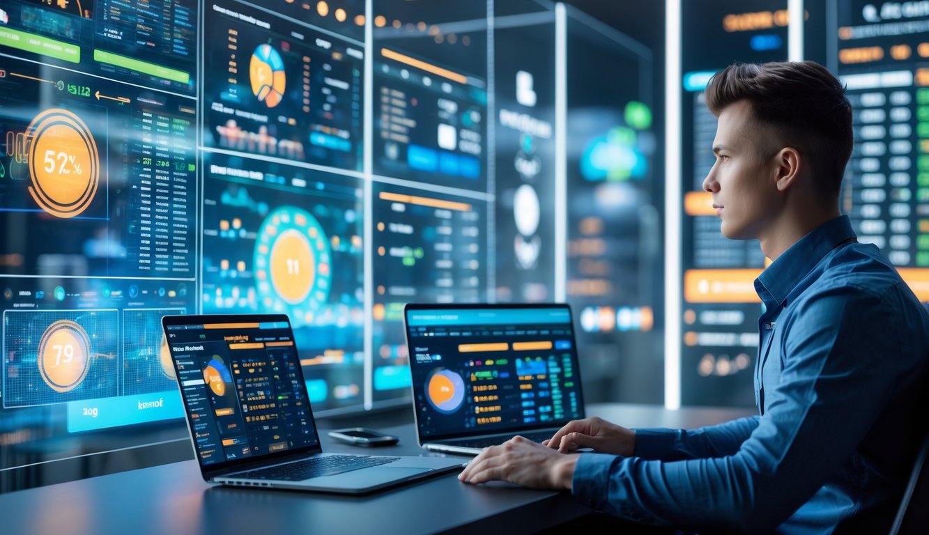 Seorang pria muda sedang menganalisis data dan statistik olahraga di depan beberapa layar digital di sebuah kantor modern.