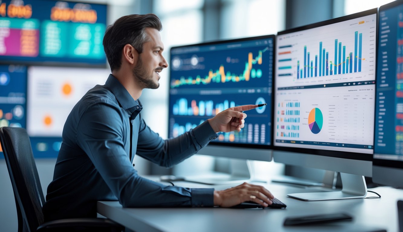 Seorang analis duduk di depan beberapa layar komputer yang menampilkan grafik dan data statistik olahraga, sedang menunjuk layar dengan pena di ruang kerja modern.