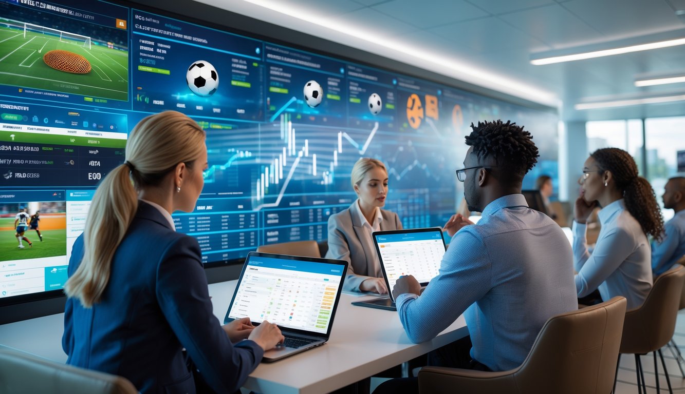 Sekelompok orang sedang menganalisis data olahraga di layar digital besar dalam ruangan modern yang terang dan profesional.