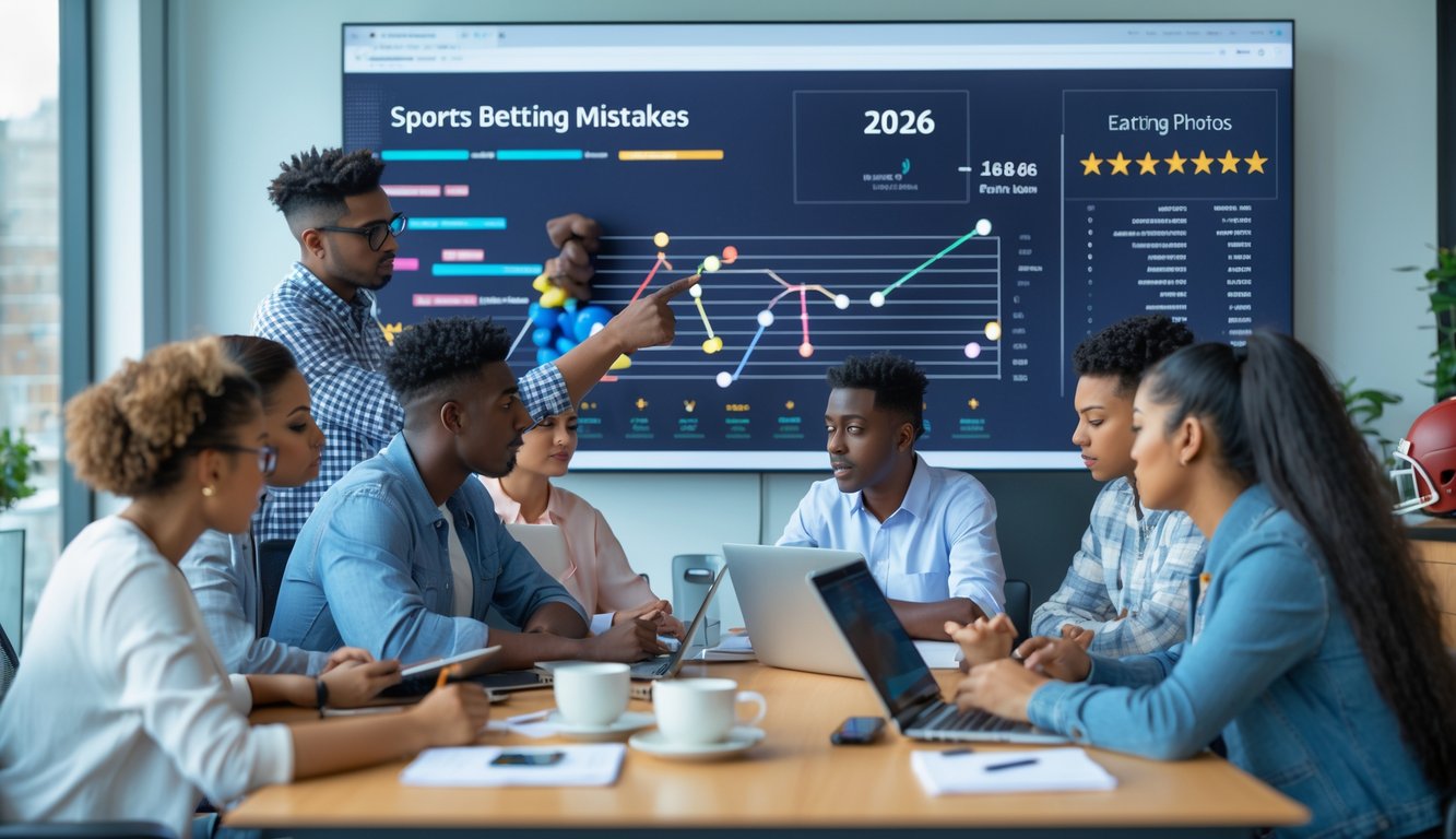 Sekelompok orang muda sedang berdiskusi serius di ruang kantor modern dengan layar digital menampilkan statistik olahraga dan grafik taruhan.