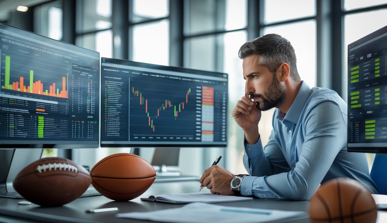 Seorang pria serius duduk di meja kantor modern, menganalisis data taruhan olahraga di beberapa monitor komputer dengan catatan di tangan.