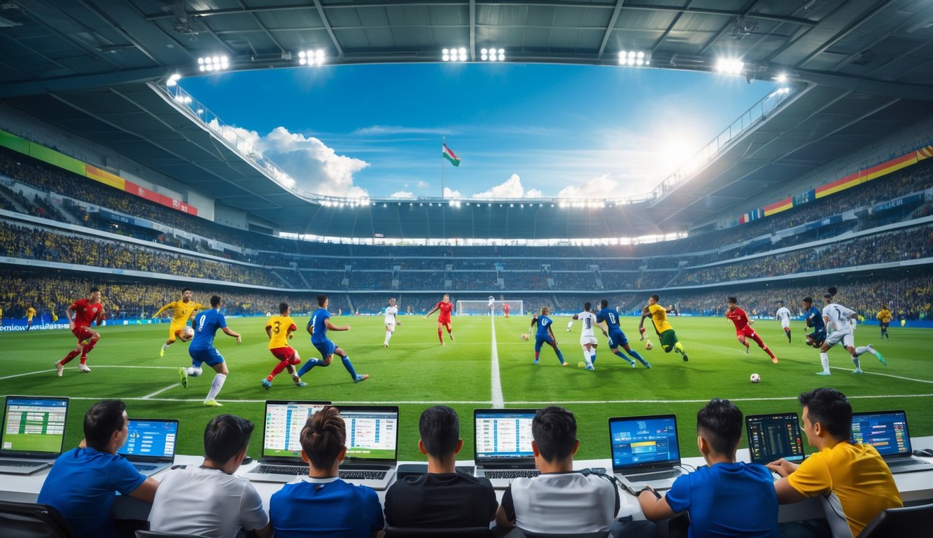 Suasana pertandingan sepak bola internasional di stadion besar dengan penonton dan beberapa orang yang sedang memasang taruhan menggunakan perangkat elektronik.