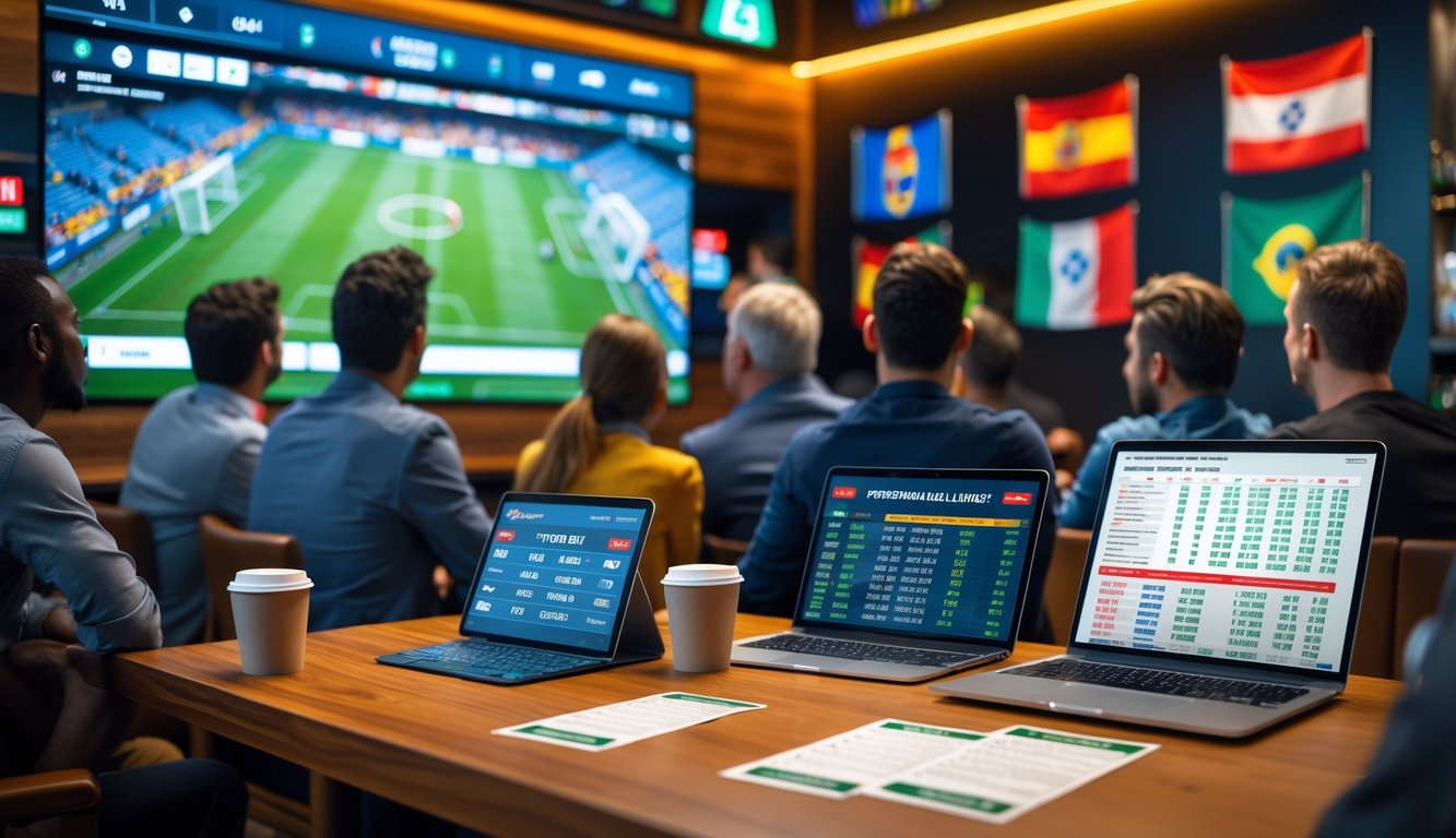 Sejumlah orang menonton pertandingan sepak bola internasional di layar besar sambil menggunakan perangkat digital untuk taruhan olahraga.