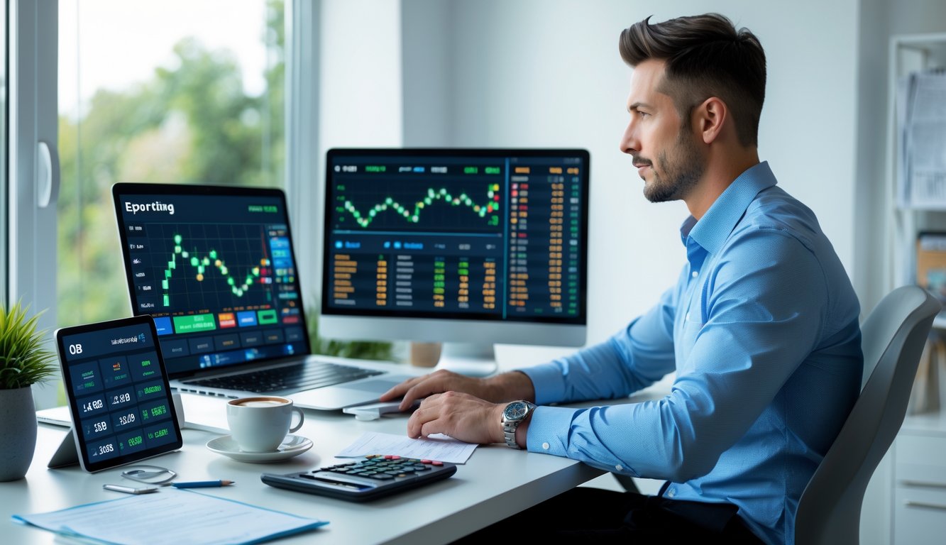 Seorang pria duduk di meja dengan beberapa perangkat digital yang menampilkan statistik olahraga dan grafik keuangan, sedang menganalisis data dengan serius di ruang kerja yang terang.