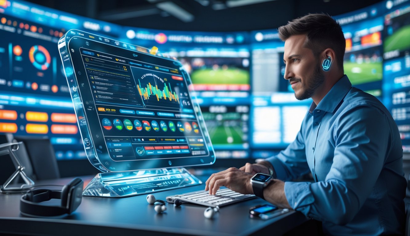 Seorang bettor menggunakan layar sentuh futuristik dengan tampilan statistik olahraga dan analisis AI di ruang kerja modern.