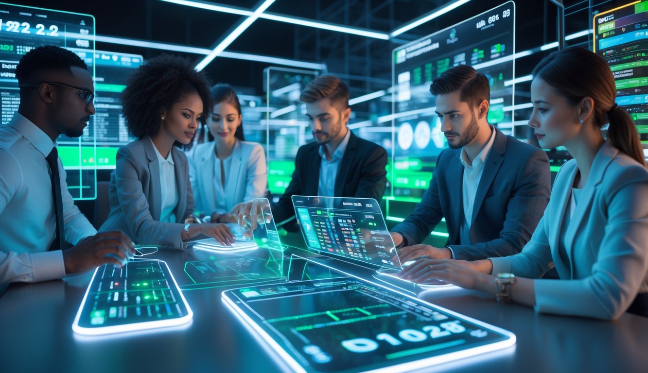 Beberapa orang profesional menggunakan teknologi canggih untuk menganalisis data judi olahraga dengan layar digital dan elemen futuristik di ruang kerja modern.