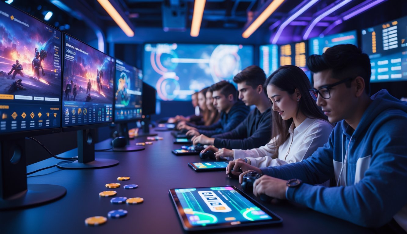 Sekelompok orang muda fokus bermain dan bertaruh pada permainan esports di ruang gaming modern dengan beberapa monitor dan perangkat digital.