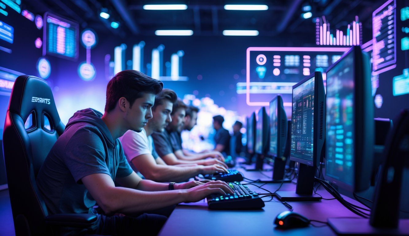 Beberapa orang muda bermain esports di ruangan modern dengan layar komputer dan elemen visual yang menunjukkan taruhan digital di latar belakang.