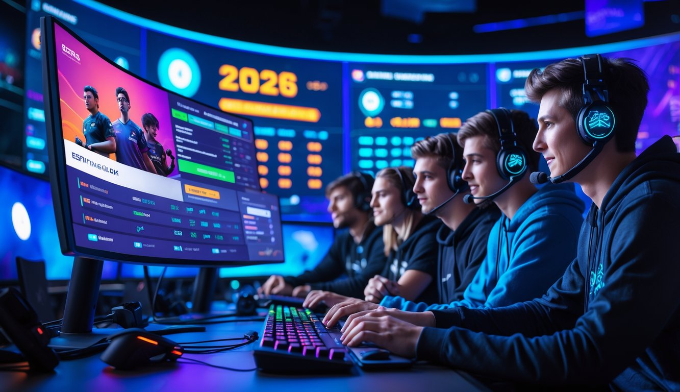 Sekelompok orang muda sedang fokus bermain dan bertaruh pada permainan esports di sebuah ruangan gaming modern dengan layar besar dan peralatan gaming.